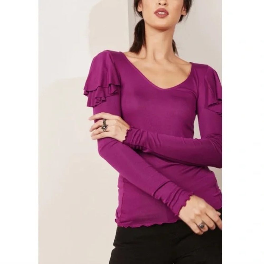 Free People Purple Plum Ruffle Shoulder Long Sleeve Blouse NWT Size XSmall